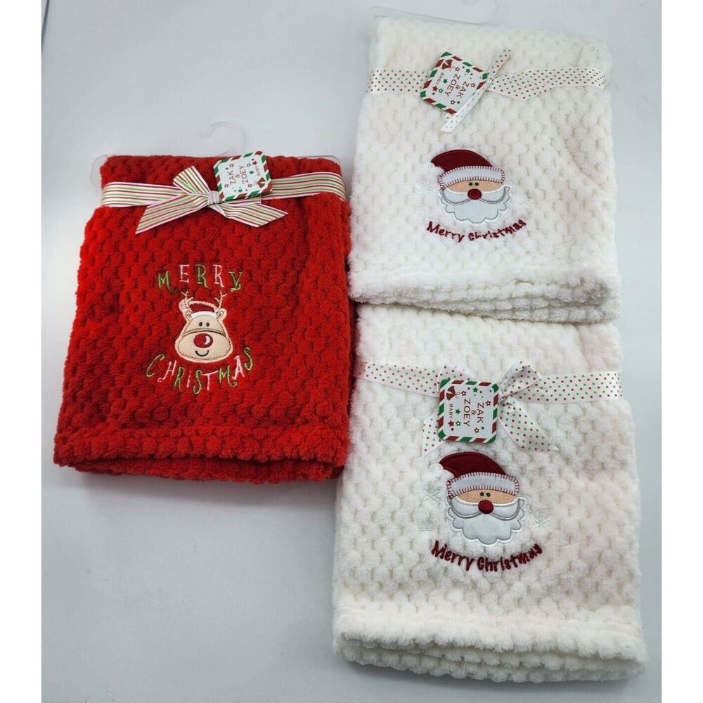 Lot of 3 NEW Zak & Zoey Christmas Baby Blankets Santa Reindeer 30 x 40